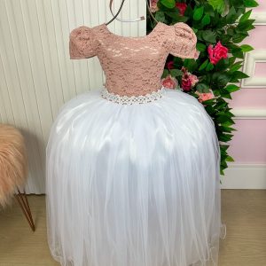 Vestido Enjoy Longo Mari Peito Rendado Rose Saia Branca
