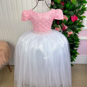 Vestido Enjoy Longo Mari Peito Rendado Rosa Bebe Saia Branca