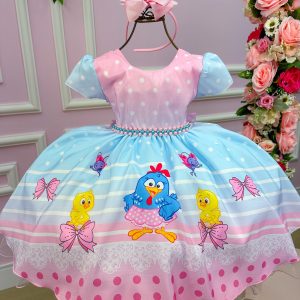 Vestido Infantil Temáticos da Gigi Galinha Pintadinha Azul e Rosa