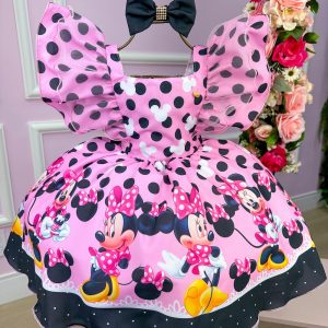 Vestido Temáticos Kids Minnie/Minie Rosa Com Preto