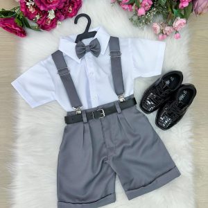 Conjunto Miss Cherry Meninos Social Shorts Ravi Cinza Grafite