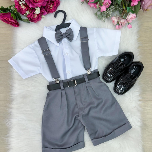 Conjunto Miss Cherry Meninos Social Shorts Ravi Cinza Grafite