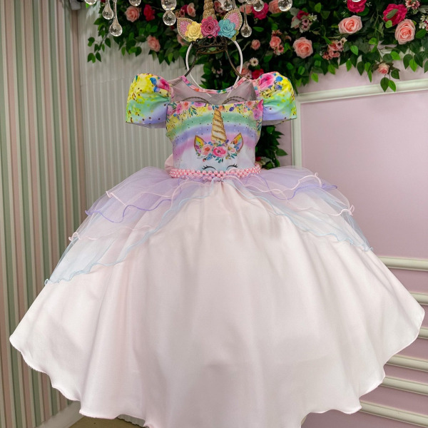 Vestido Mimadine Tematico Unicornio Safira Rosa Bebe