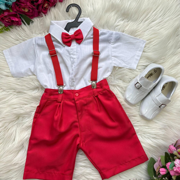 Conjunto Miss Cherry Henry Camisa Branca Suspensório Vermelho Modelo 2