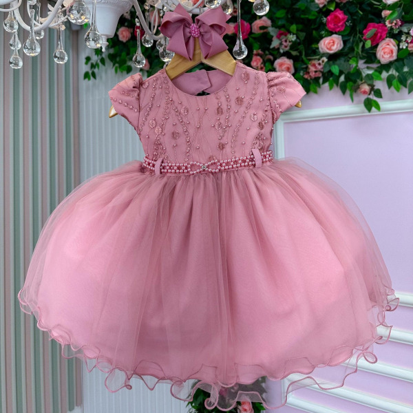 Vestido Menina Bonita Bianca Peito Perolas Rose