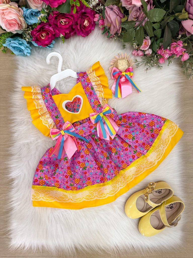 Romper/Vestido Princesa Belli Junino Rosa Com Amarelo
