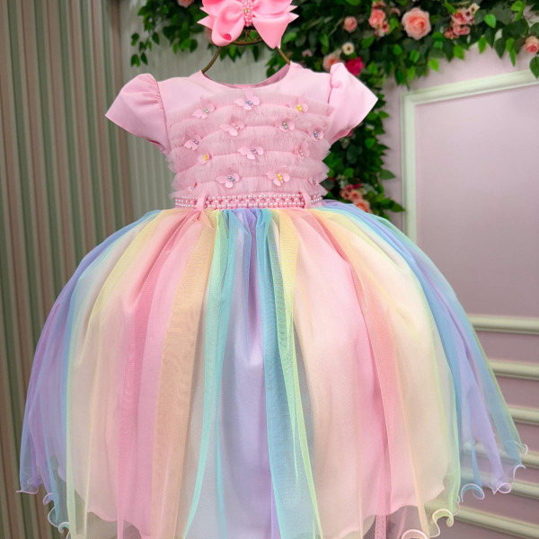 Vestido Infantil Menina Bonita Caterina Rosa Bebe Saia Colorida