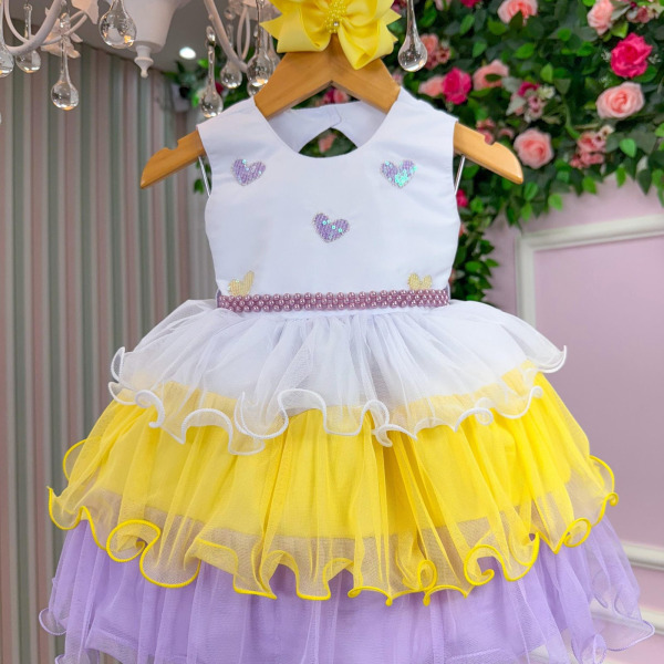 Vestido Vila Lele Bebe Lolo Saia Amarelo e Lilas