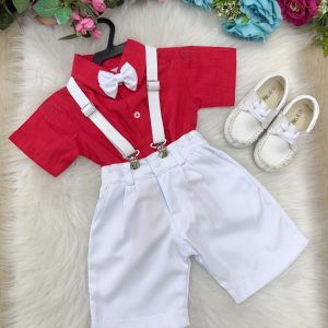 Conjunto Miss Cherry Henry Vermelho Suspensorio Branco