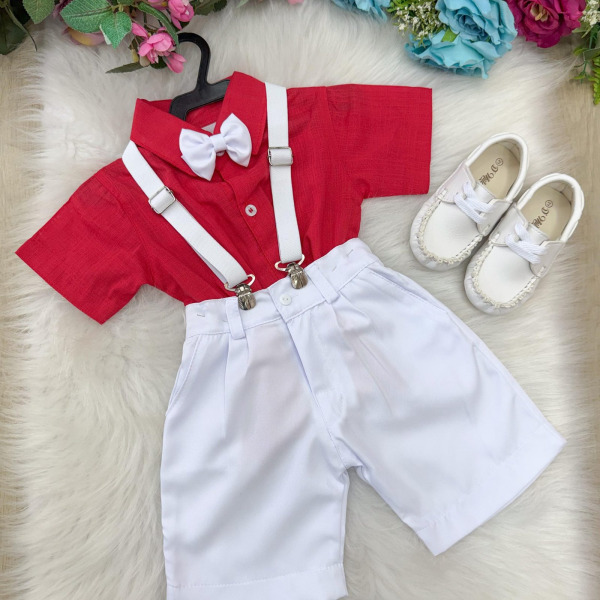 Conjunto Miss Cherry Henry Vermelho Suspensorio Branco