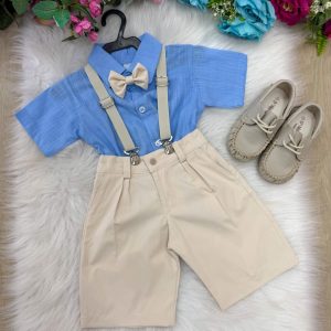 Conjunto Miss Cherry Henry Azul Suspensorio Bege