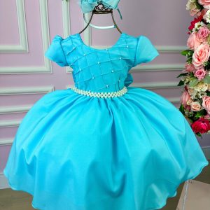 Vestido Ysa Kids Azul Tiffany Peito Perolas