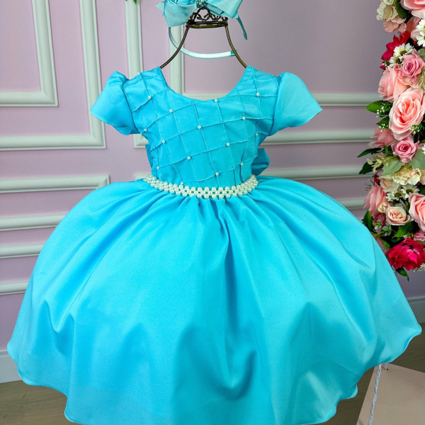 Vestido Ysa Kids Azul Tiffany Peito Perolas