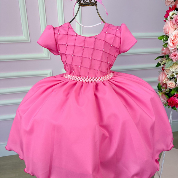 Vestido Ysa Kids Rosa Chiclete Peito Perolas