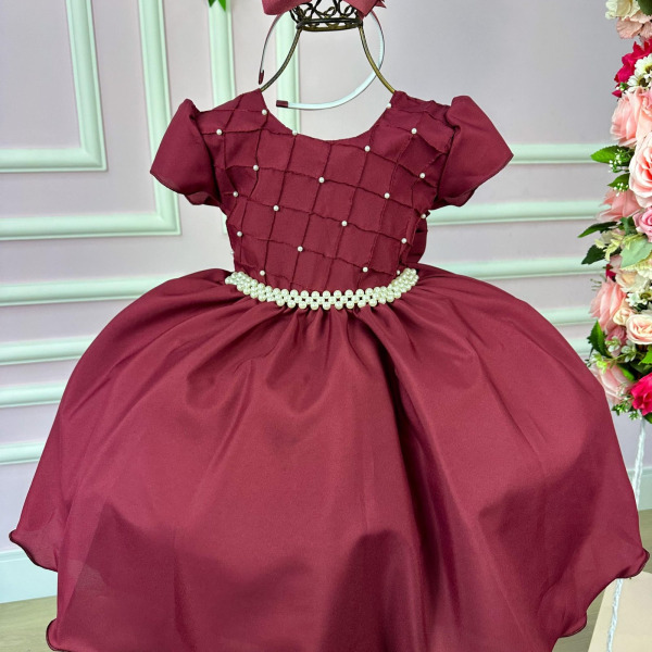 Vestido Ysa Kids Marsala Peito Perolas