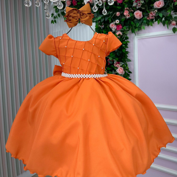 Vestido Ysa Kids Terracota Peito Perolas