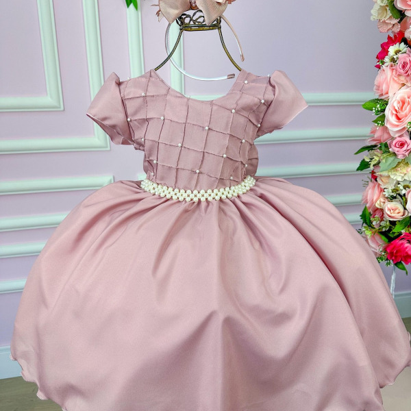 Vestido Ysa Kids Rose Peito Perolas