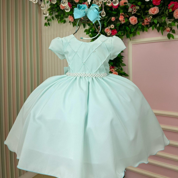 Vestido Ysa Kids Verde Claro Peito Perolas