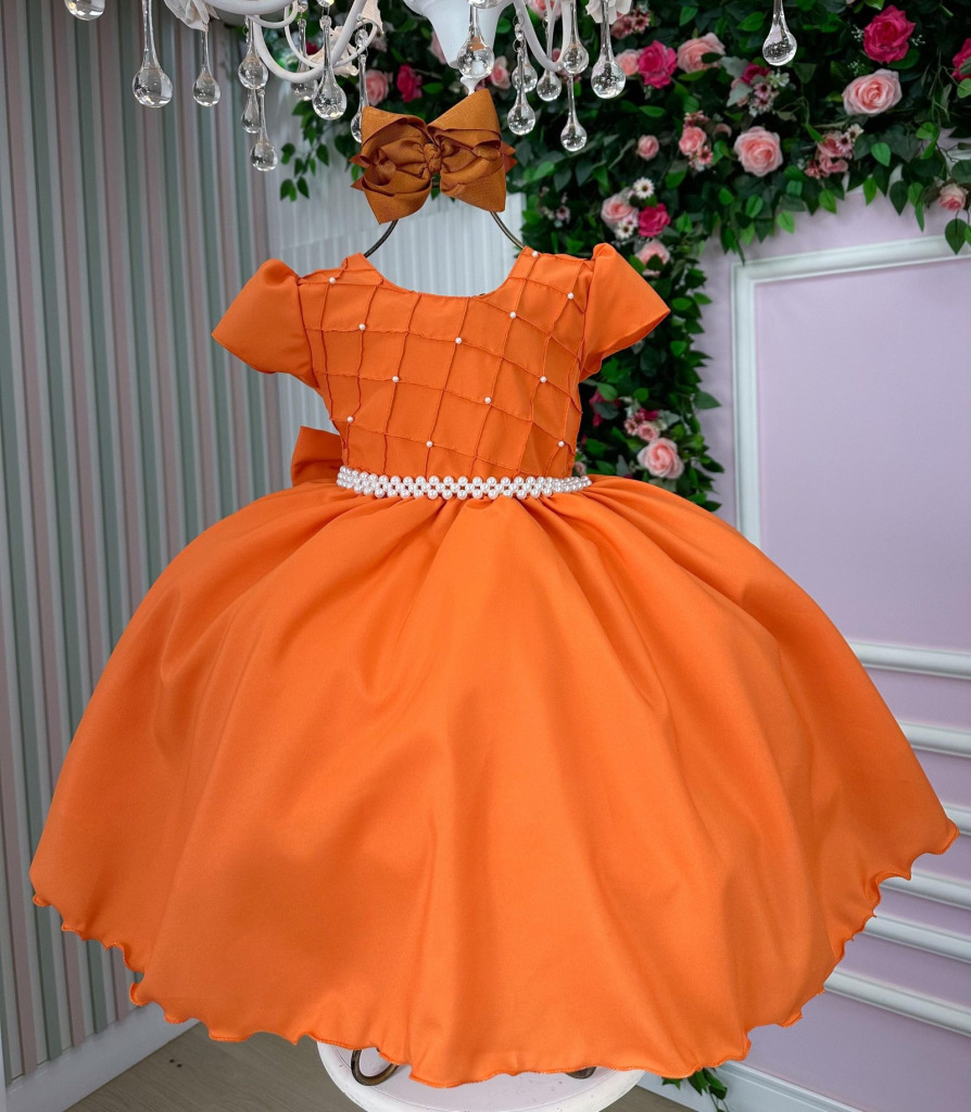 Vestido Ysa Kids Terracota Peito Perolas