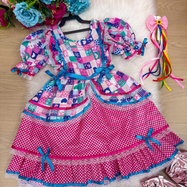 Vestido Bella Child Junino Celebração Caipira Pink