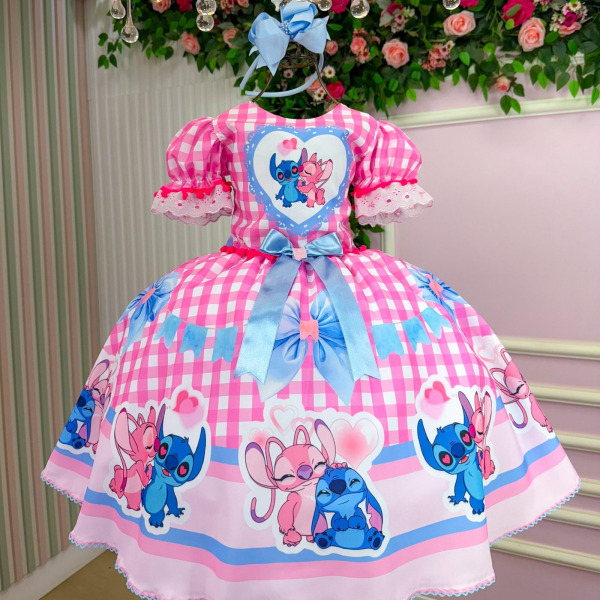 Vestido Junino Tematico Luxo Lilo Stitch Rosa Bebe Modelo 2