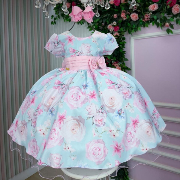 Vestido Ysa Kids Jardim Florido Elisa Azul Bebe